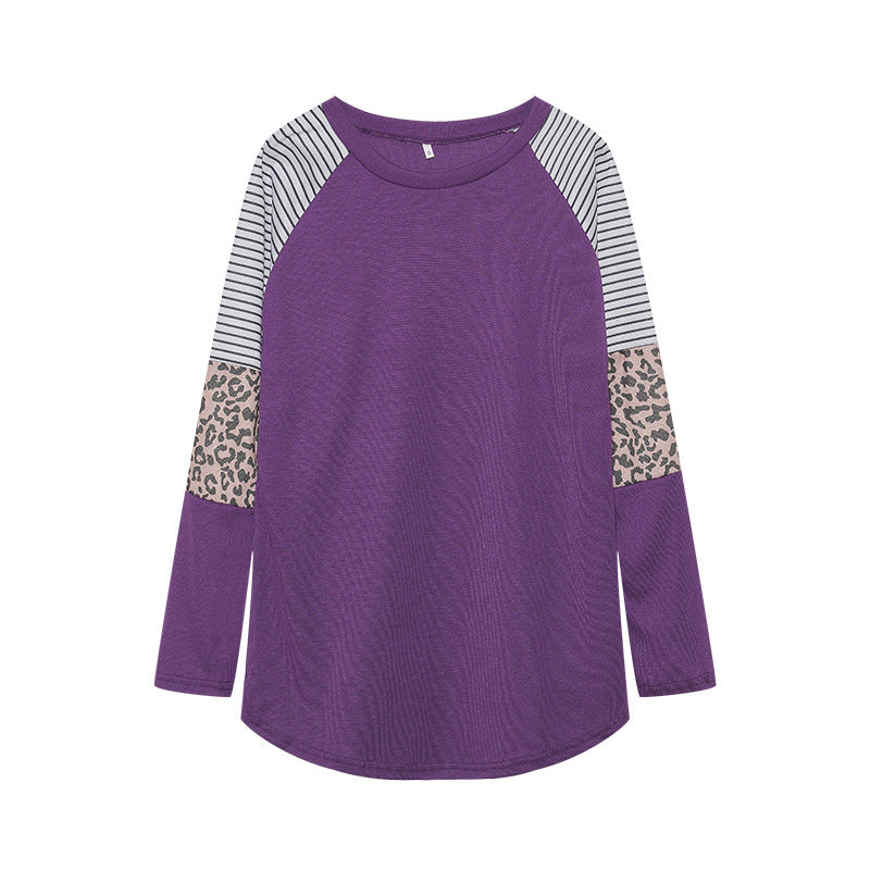 Wholesale Polyester Leopard Print Color Striped Round Neck Long Sleeves
